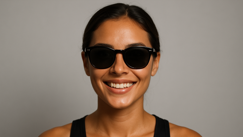 Mujer modelando lentes inteligentes para música con Bluetooth