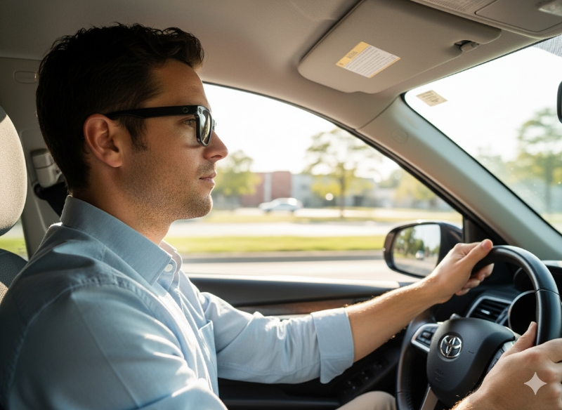 Persona con lentes inteligentes conduciendo vehiculo