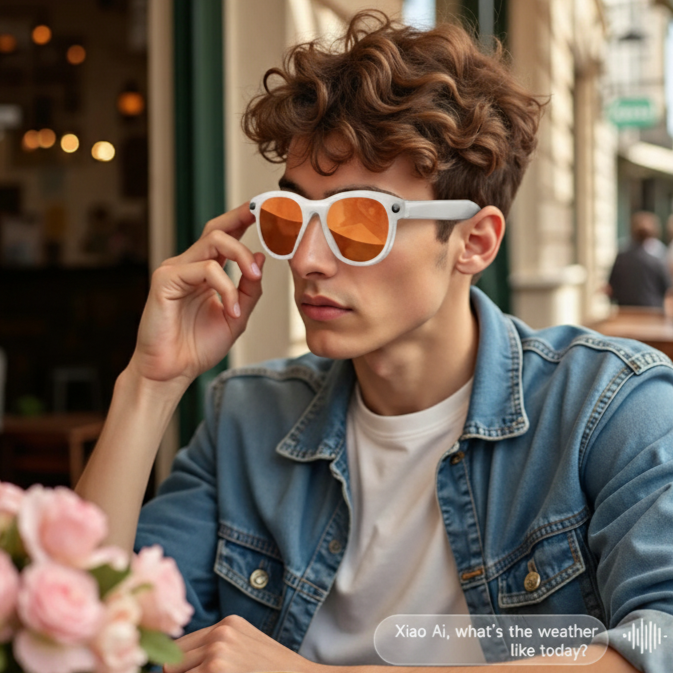 jOVEN CON GAFAS INTELIGENTES ESTILO oakley meta 