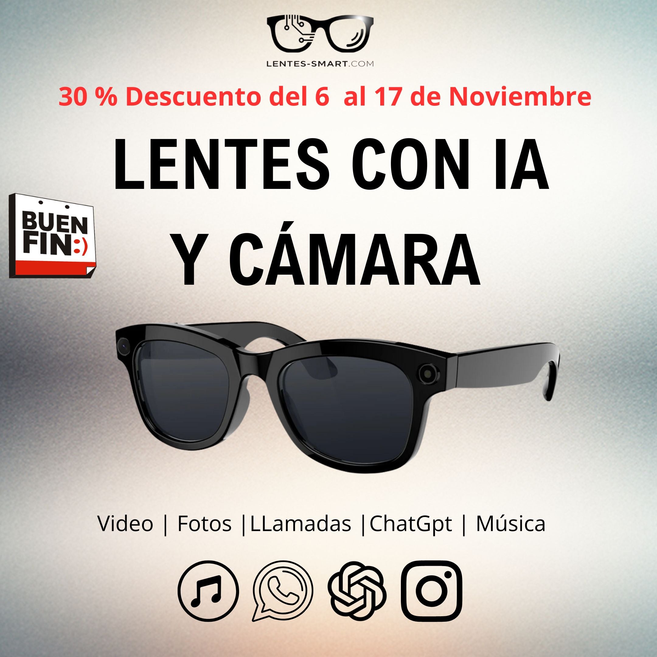 Lentes Inteligentes con Cámara HD con IA, Bluetooth y Control por Voz | Unisex