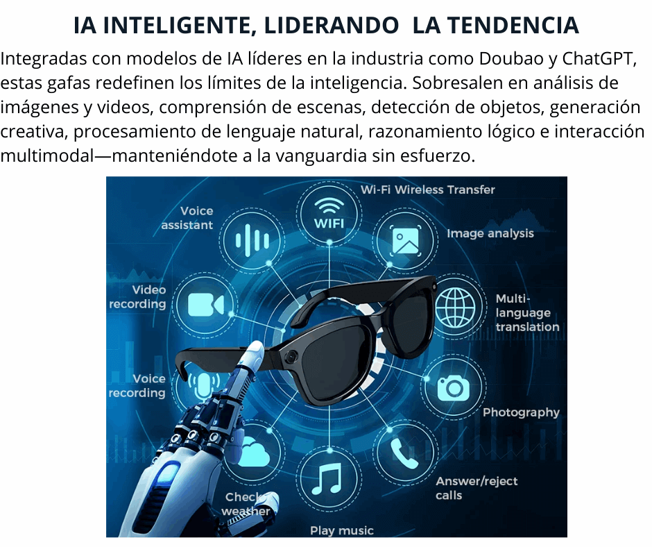 Lentes Inteligentes con Cámara, Bluetooth, Llamadas, Asistente de Voz.