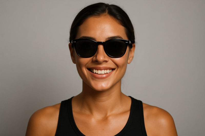 Mujer modelando lentes inteligentes para música con Bluetooth