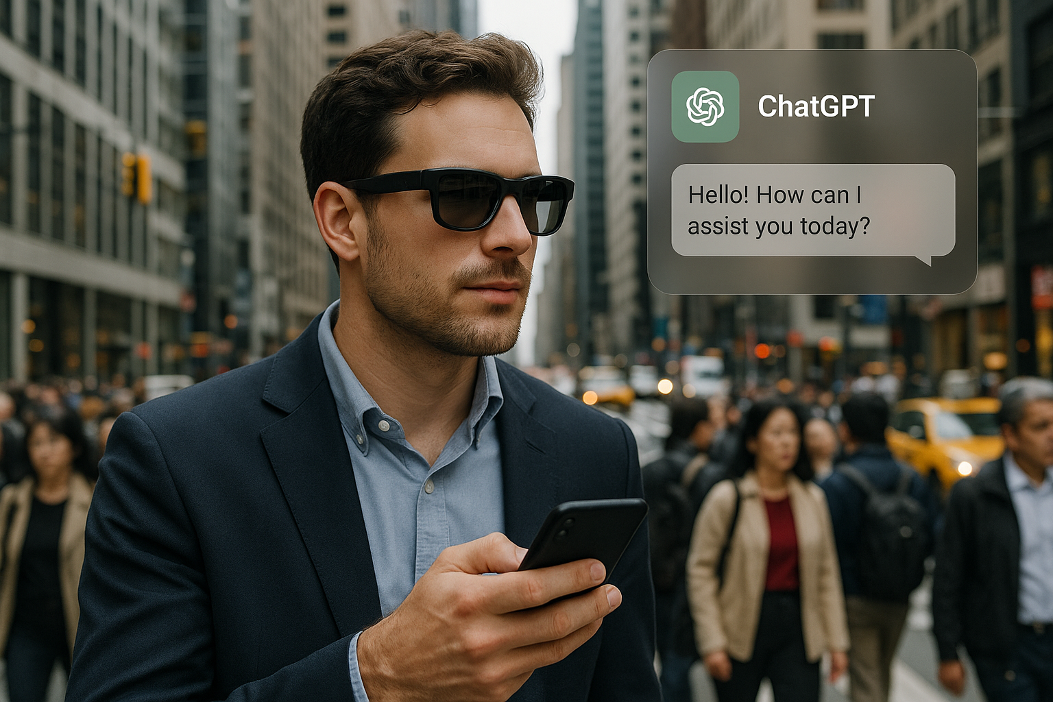un hombre con unos lentes inteligentes caminando por la calle entre multitud de personas. en la mano lleca un celular y en una esquina de la imagen se muestra como esta utilizando los lentes con chat gpt. la imagen es en un ambiente real de una ciudad de estados unidos.