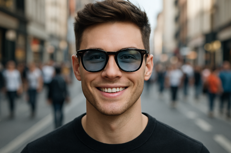 Hombre modelando lentes inteligentes con cámara e inteligencia artificial.