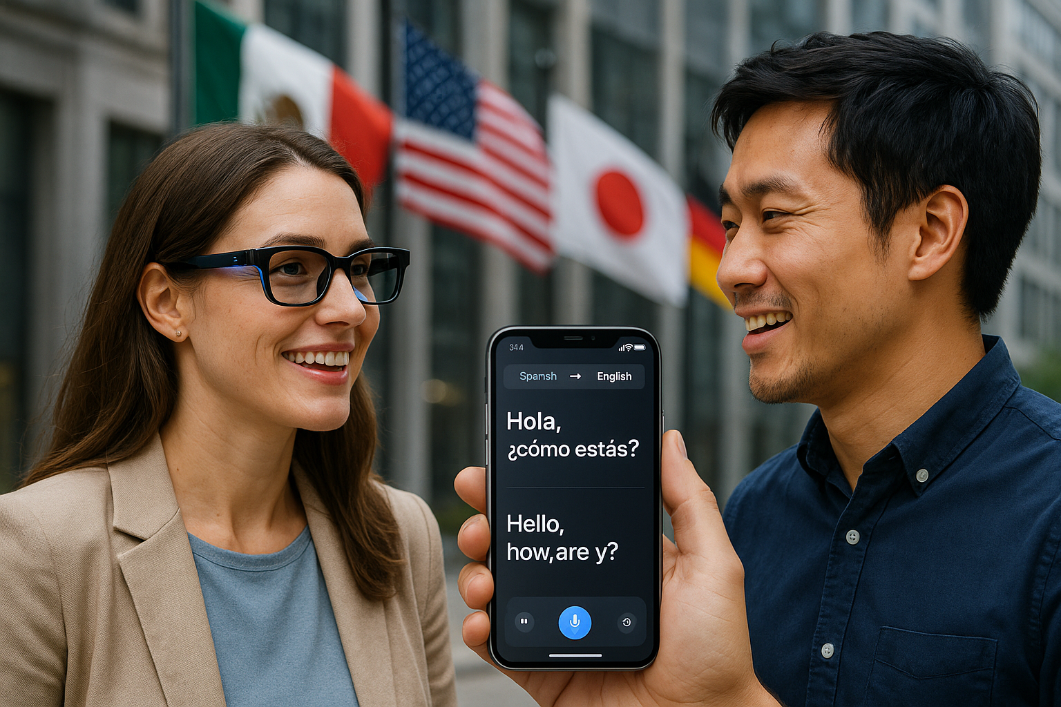 una mujer con unos lentes inteligentes hablando con otra persona de otra nacionalidad, en un ambiente real. En la imagen se visualiza la bandera de varios paises y muestra como se traduce la conversación en un celular