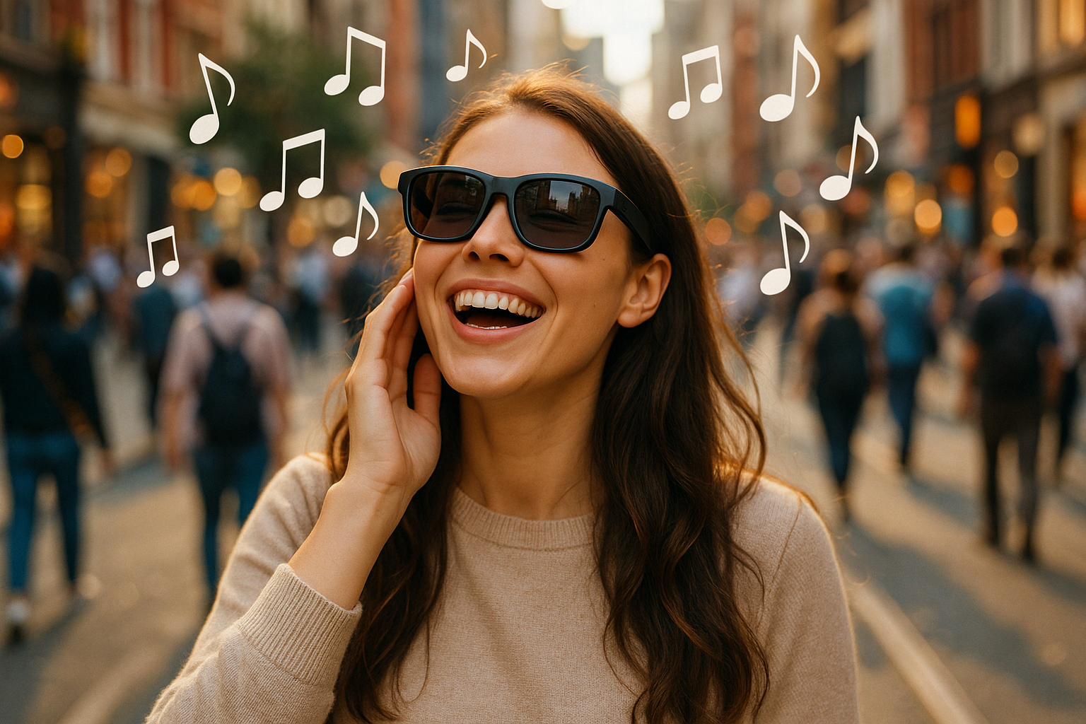 una mujer joven con unos lentes inteligentes puestos. Esta escuchando musica con los lentes, Tiene la cara muy feliz y alegre y esta en una calle muy transitada de personas. Alrededor hay varios signos de notas musicales (solfeo). todo en un ambiente real y colorido.