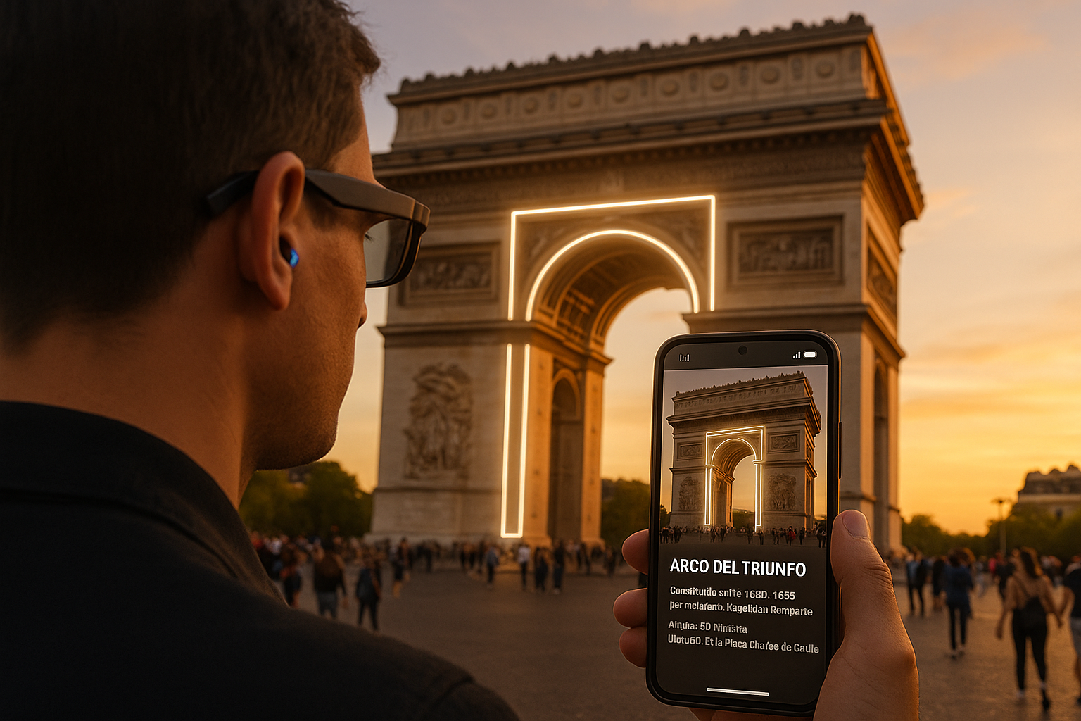 unos lentes inteligentes son la capacidad de reconocer objetos, en esta imagen reconoce el arco de triunfo de paris y da una expliacion al usuario . la espliacion la da en el telefoo celular